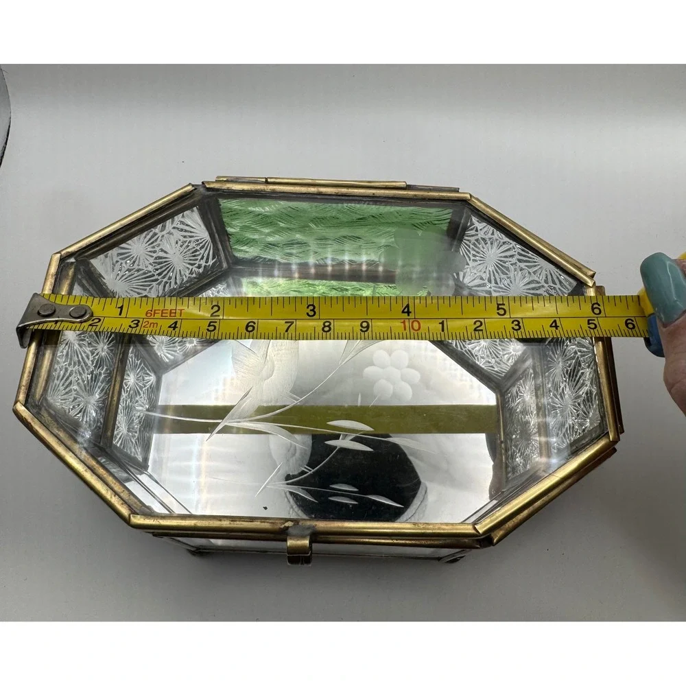 1980's Octagonal Glass Jewelry Box with brass tone frame Etched